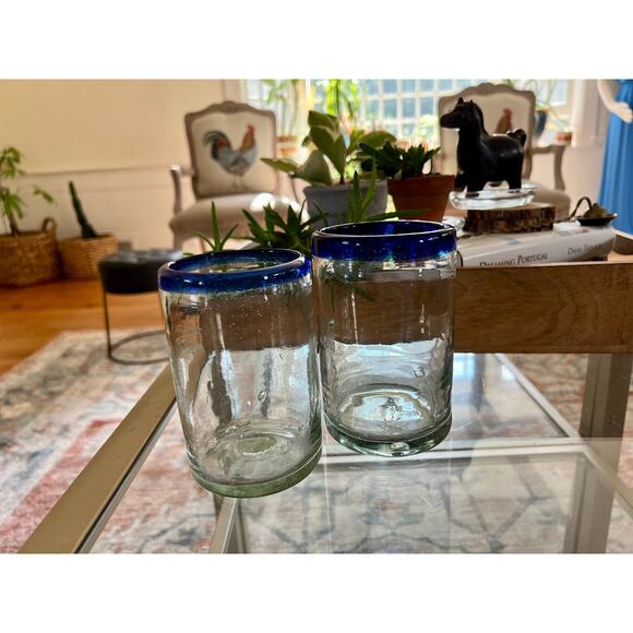 Vintage Mexican Hand Blown Cobalt Blue-Rimmed Glasses / Juice Water Glass - Picture 3 of 10